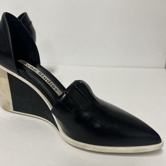 Acne Studios Black Patent D’Orsay Wedge Heels 39 US 8.5 Fringe Vamp Sculptural - Picture 5 of 10